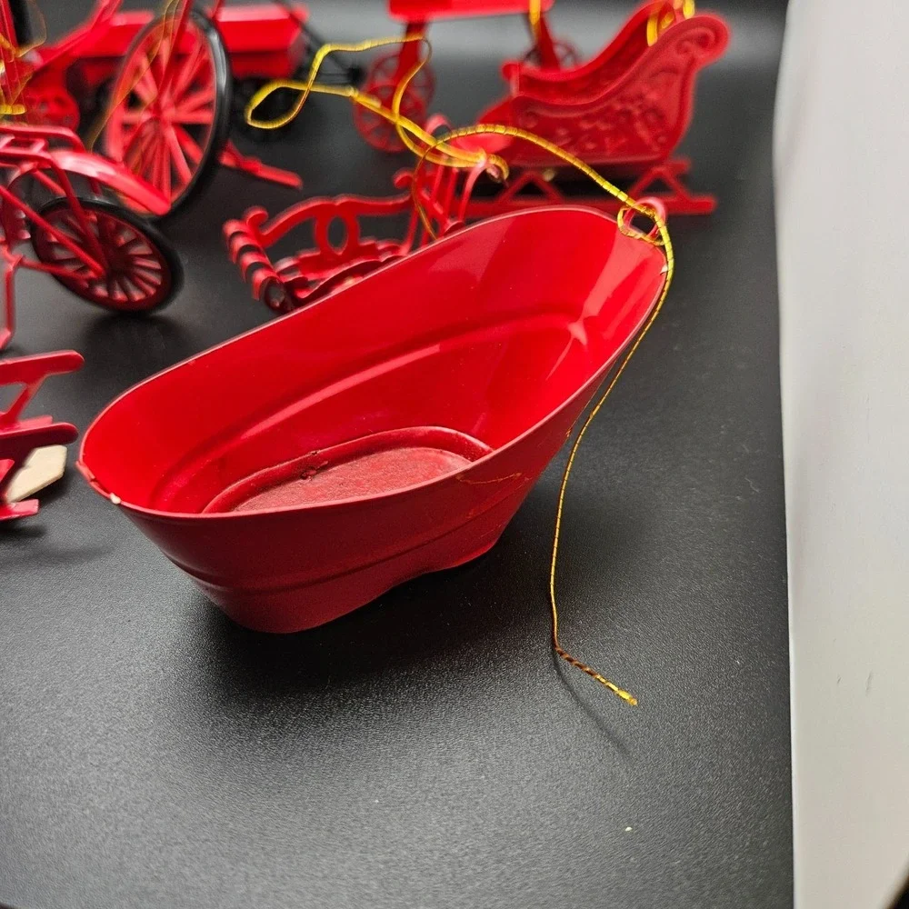 Vintage Red Metal Miniature Vehicles & Sled Christmas Ornaments Lot of 11 Taiwan
